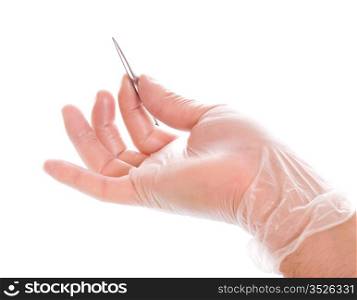 hand in rubber glove holding tweezers isolated on white