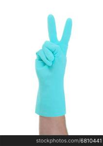 Hand in rubber gloves gesturing, close up, isolated \on white