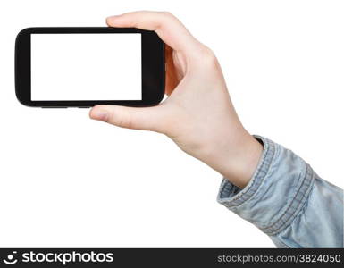 hand in shirt holding touchscreen phone with cut out screen phone isolated on white background