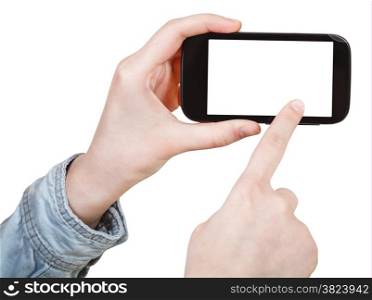 hand in shirt touching smartphone with cut out screen isolated on white background