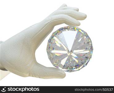 Hand in white glove holding huge gemstone or diamond