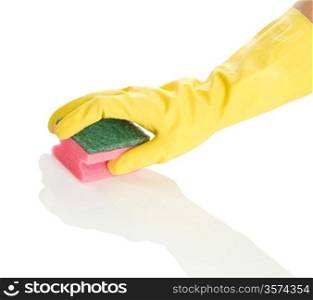 hand in yellow glove with pink sponge