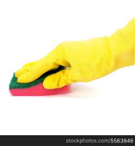 Hand in yellow glove with sponge isolated on white background