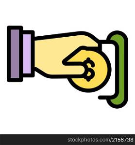 Hand inserts a coin icon. Outline hand inserts a coin vector icon color flat isolated. Hand inserts a coin icon color outline vector