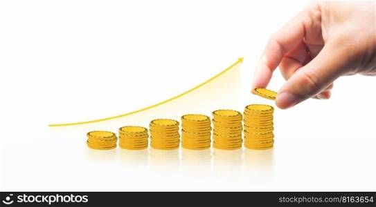 Hand is dropping gold coin on stack of coins with growing arrow on white background, Investment and money saving concept