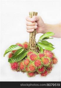 Hand is giving bunch of rambutan over white background