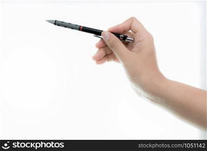 Hand is hold black pen ready for drawing Isolated on over white background.