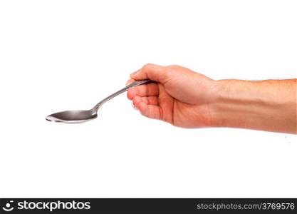 Hand is holding a spoon isolated on a white background