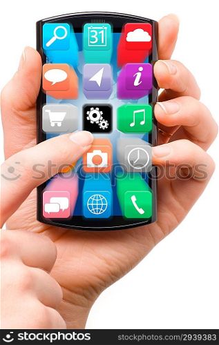 hand is holding a touch screen smartphone with flying application icons | isolated on white background