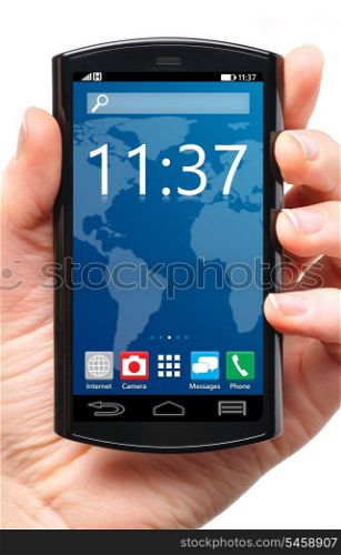 hand is holding a touch screen smartphone with mobile interface isolated on white background