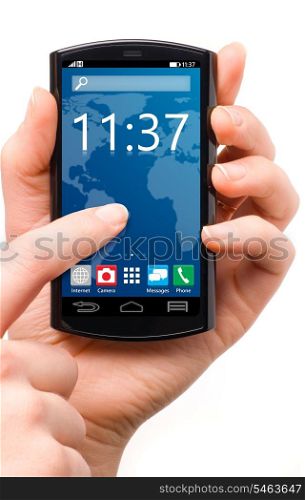 hand is holding a touch screen smartphone with mobile interface | isolated on white background