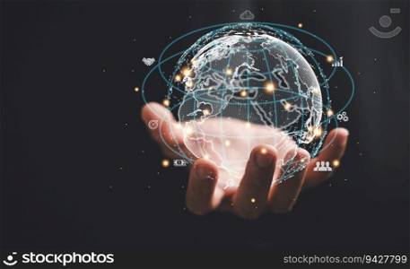 Hand is holding virtual Global Internet connection metaverse. integration of business, technology, and digital marketing, financial and banking industries, highlighting digital link tech and big data