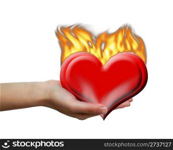 Hand keep heart in Fire. Computer Graphics.White isolated