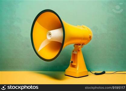hand loudspeaker design, loud-hailer or speaking trumpet, yellow press symbol. Neural network AI generated art. hand loudspeaker design, loud-hailer or speaking trumpet, yellow press symbol. Neural network AI generated