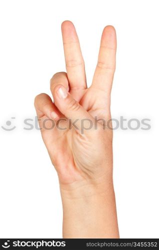 Hand making the sign of victory isolated on white background