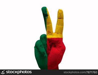 Hand making the V sign country flag painted benin