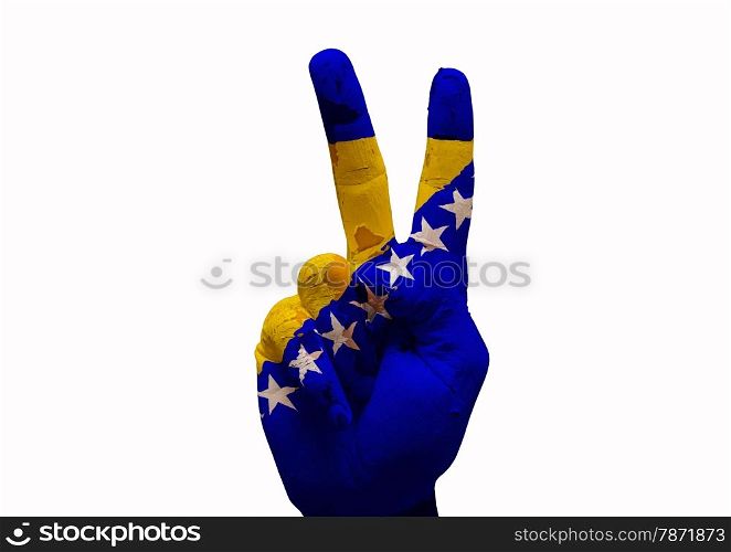Hand making the V sign country flag painted bosnia hertzegovina