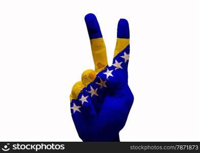Hand making the V sign country flag painted bosnia hertzegovina