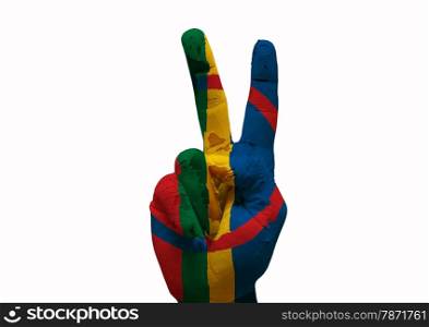 Hand making the V sign country flag painted sami people