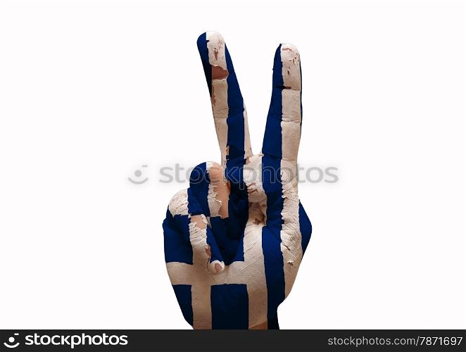 Hand making the V sign greece country flag painted