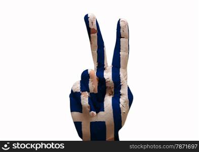 Hand making the V sign greece country flag painted