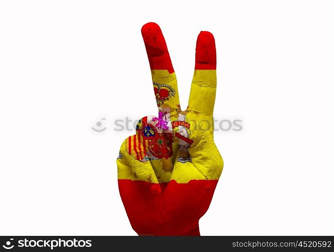 Hand making the V sign spain country flag painted