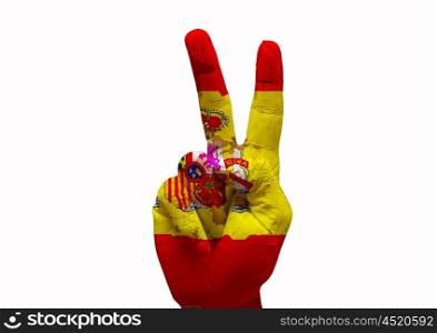 Hand making the V sign spain country flag painted