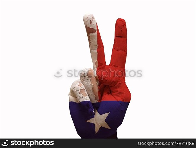 Hand making the V sign texas country flag painted