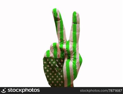 Hand making the V sign united states of america country green flag painted