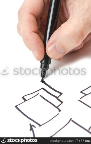 hand marker draws a block diagram isolated on a white background