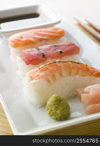 Hand Molded Seafood Sushi Wasabi Soy Sauce and Sushi ginger