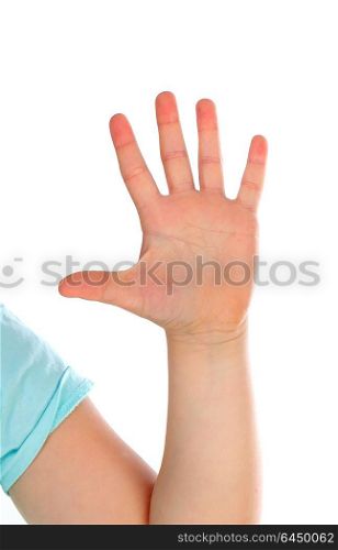 Hand of a boy showing his five fingers isolated on a white background