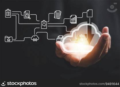 Hand of a businessman confidently holds the cloud computing icon, symbolizing the transformative cloud technology. Data transfer and online storage for business network on the internet.