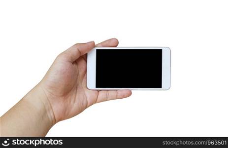Hand of a man holding smartphone device isolated on white background and have clipping paths.