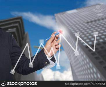 Hand of businessman drawing graphics a top point growing graph to concept of profit in business and have skyscraper background.