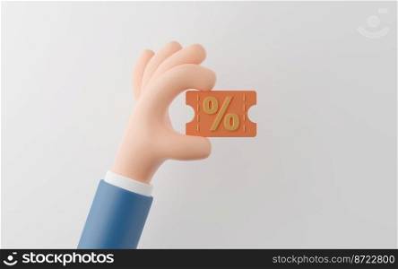 Hand of businessman holding discount code for shopping on white background, 3d illustration.