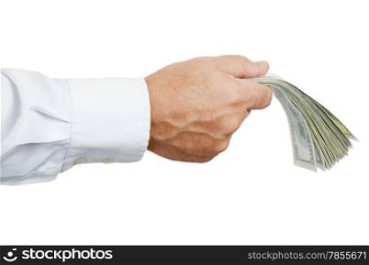 hand of businessman holding money isolated on white background