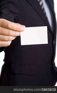 Hand of businessman offering business card on white background