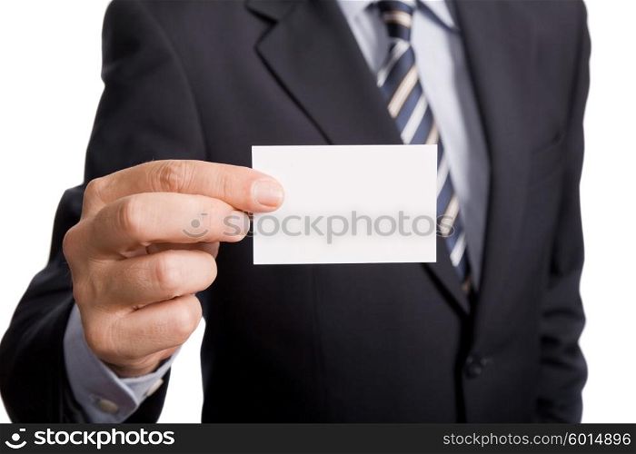 Hand of businessman offering business card on white background