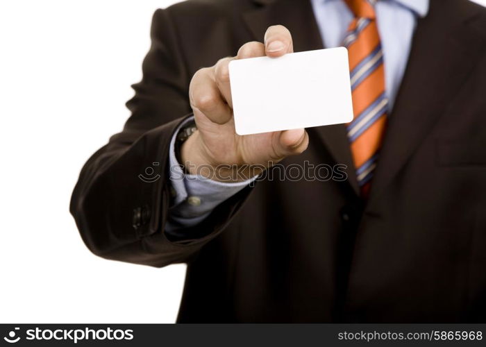 Hand of businessman offering businesscard on white background