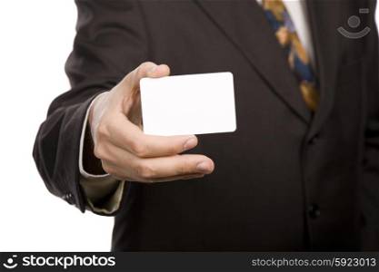 Hand of businessman offering businesscard on white background