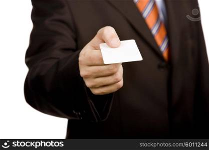 Hand of businessman offering businesscard on white background
