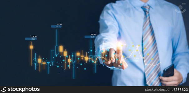 Hand of Businessman or trader touching showing a growing virtual hologram stock on smartphone, planning and strategy, Stock market, Business growth, progress or success concept. invest in trading.