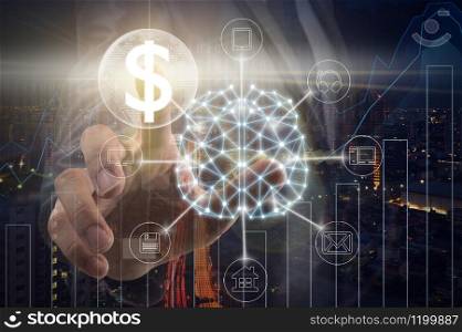 Hand of Businessman touching the global network and dollar currency text financial technology or FINTECH over the Trading graph on the cityscape background, business innovation and technology concept