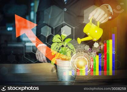 Hand of businessman watering on plant with technology and business icons, red arrow, graph.