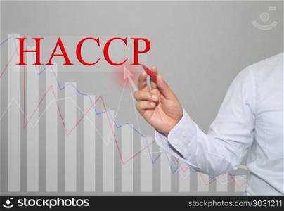 Hand of businessman Write a text of HACCP.. Hand of businessman Write a text of HACCP in concept of presenting ideas in your business.