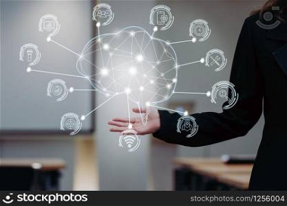 hand of businesswoman in gesture showing Polygonal brain shape of an artificial intelligence with various icon of smart city Internet of Things Technology on modern office, Business AI and IOT concept