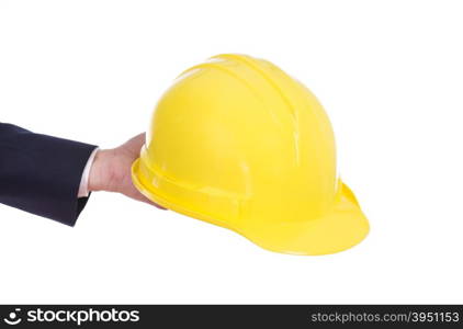 hand of engineer holding helmet isolated on white background