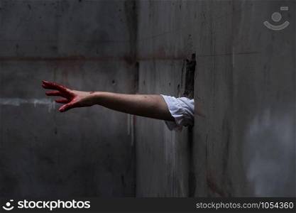 Hand of Ghost woman or Zombie Penetrate wall ,halloween concept