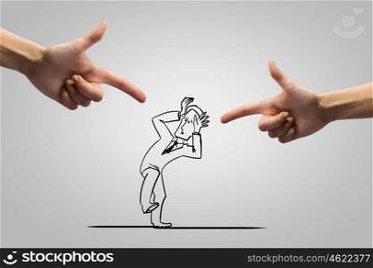 Hand of justice. Close up of human hand attacking businessman caricature